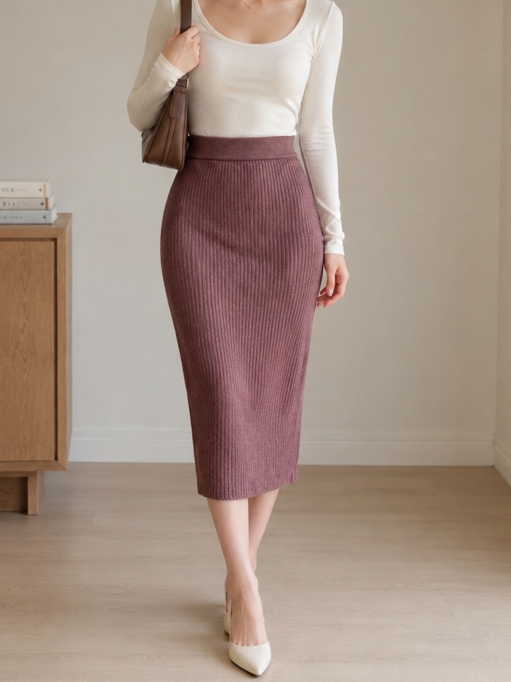 GAP Small Petite Dusty Mauve Ribbed Knit High Waist Midi Pencil Skirt